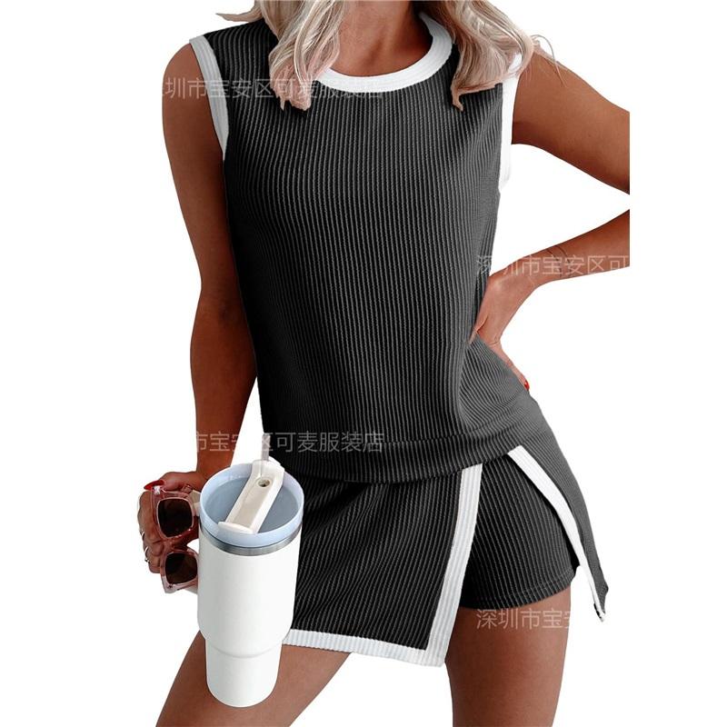  Women's Ribbed Knit 2-Piece Set Sleeveless Tank Top + Split Skort Shorts Outfit