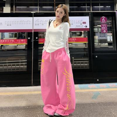 Y2K Wide Leg Pants Women With Star Letter Print High Waist Loose Fit Flowy Trousers