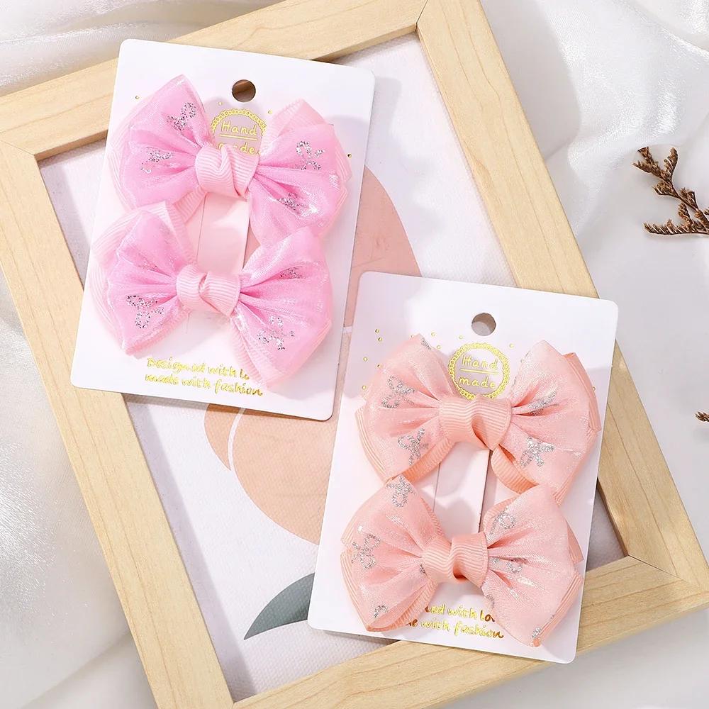 2PCS /Set Embroidery Bowknot Hair Clips 2.7inch Cheer Bows Handmade Hairgripes for Kids Girls Headdress Hair Accessories