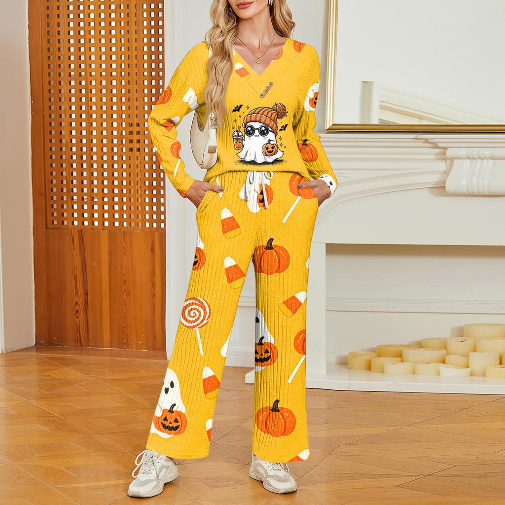 Women's Halloween Print V-Neck Long Sleeve Pajama Set with Pockets Loose Fit Sleepwear Set