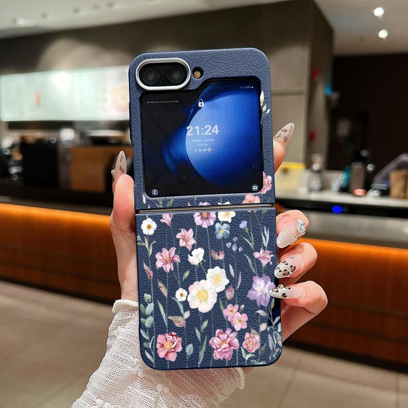 Leather Texture Soft TPU Folding Case For Samsung Galaxy Z Flip7 Flip6 Flip5 Flip4 Z Flip 7 FE 6 5 3 5G Plant Print Phone Cover