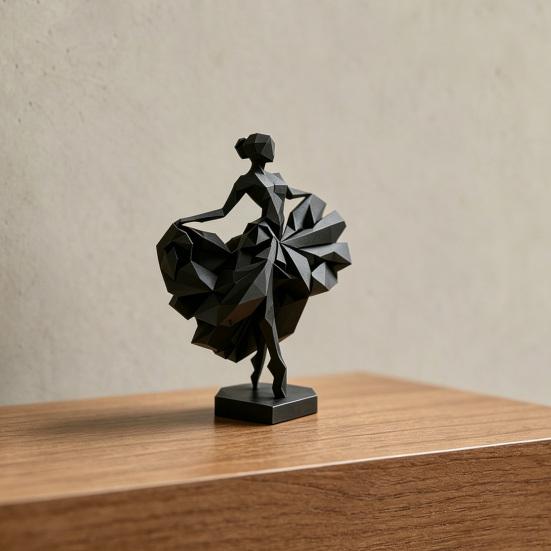 Geometric Faceted Dancer Figurine, 3D Printed Black Ballet Dancer Statue, Modern Ballerina Sculpture for Home Shelf Table Decor