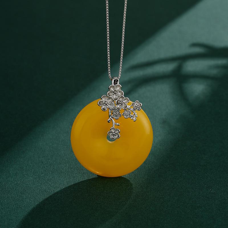 Women's Retro Plum Blossom Jadeite Pendant with Silver Bail Clip