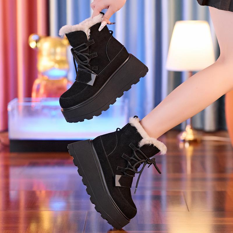 8637 Inner Heightening Thick-soled Velvet Warm Leather Snow Boots Women's 2025 Winter New Non-slip Cotton Shoes