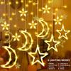 Solar Icicle Lights LED Outdoor Waterproof Moons Stars Curtain Window String with 8 Modes Warm White Hanging Decor for Patio