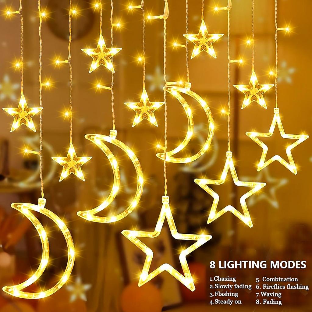 Solar Icicle Lights LED Outdoor Waterproof Moons Stars Curtain Window String with 8 Modes Warm White Hanging Decor for Patio