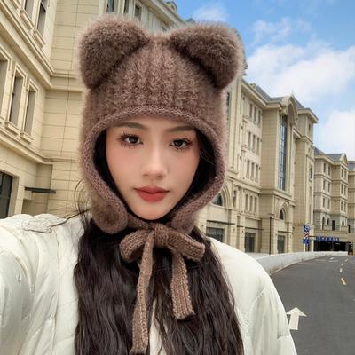 Νέο Καπέλο Γυναικείο Αστεία Αυτιά Μονόχρωμο Πλεκτό Μάλλινο Καπέλο Χειμερινό Ζεστό Βελούδινο Καπέλο Προστασίας Αυτιών Παχύ