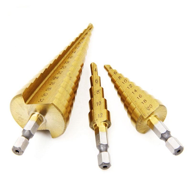 Versatile 3 Pcs 4-12/20/32mm Large Hss Steel Step Cone Drill Titanium Bit Hole Cutter Set For Various Materials