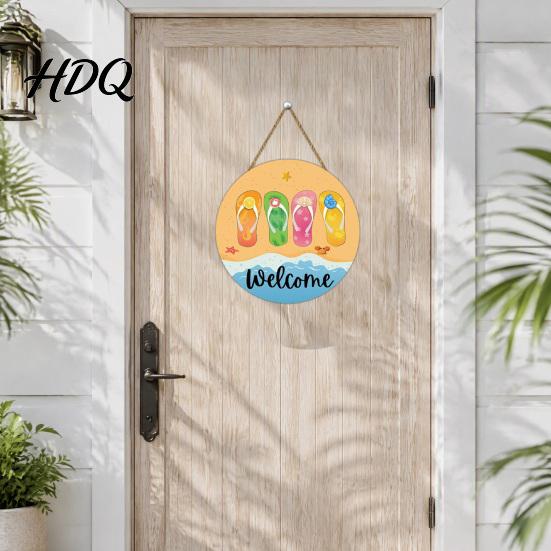 Ocean Theme Home Decoration Hello Summer Door Sign Ice Pop Flip Flop Welcome Hanger Party Farmhouse Hanging Wooden Wreath for Front Porch