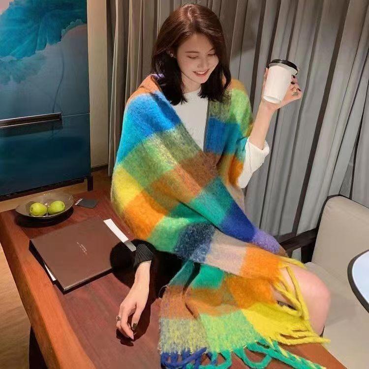 Mulheres Xadrez Cachecol Inverno Quente Xale e Envoltório Bandana Pashmina Borla Longa Foulard Feminino Cobertor Grosso