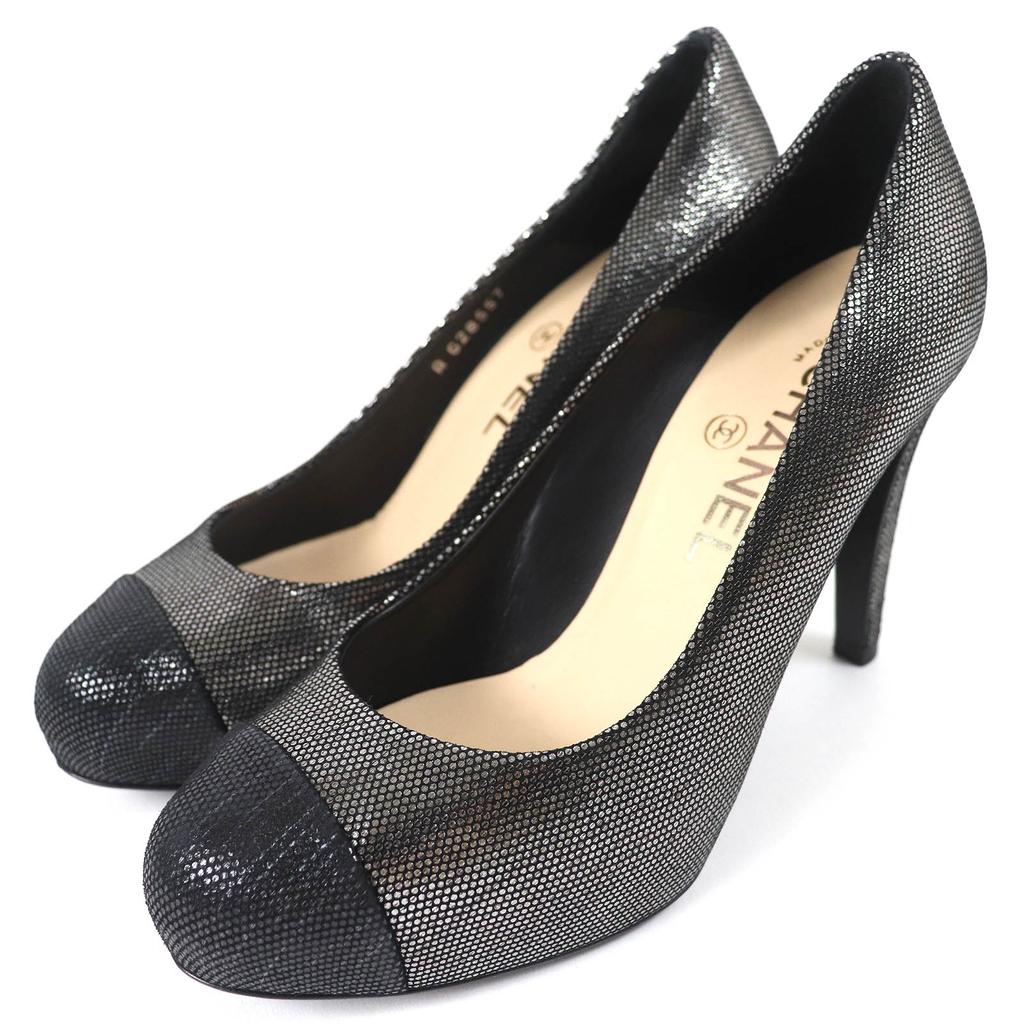 Great CHANEL Pumps COCO Mark Metallic Leather Silver Black Women 35.5 G28557 Used