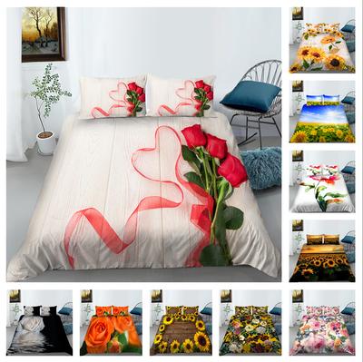 Juego de cama de flores 3D, funda nórdica y funda de almohada de plantas, 2/3 piezas de tela de microfibra, decoración del hogar lavable con cremallera