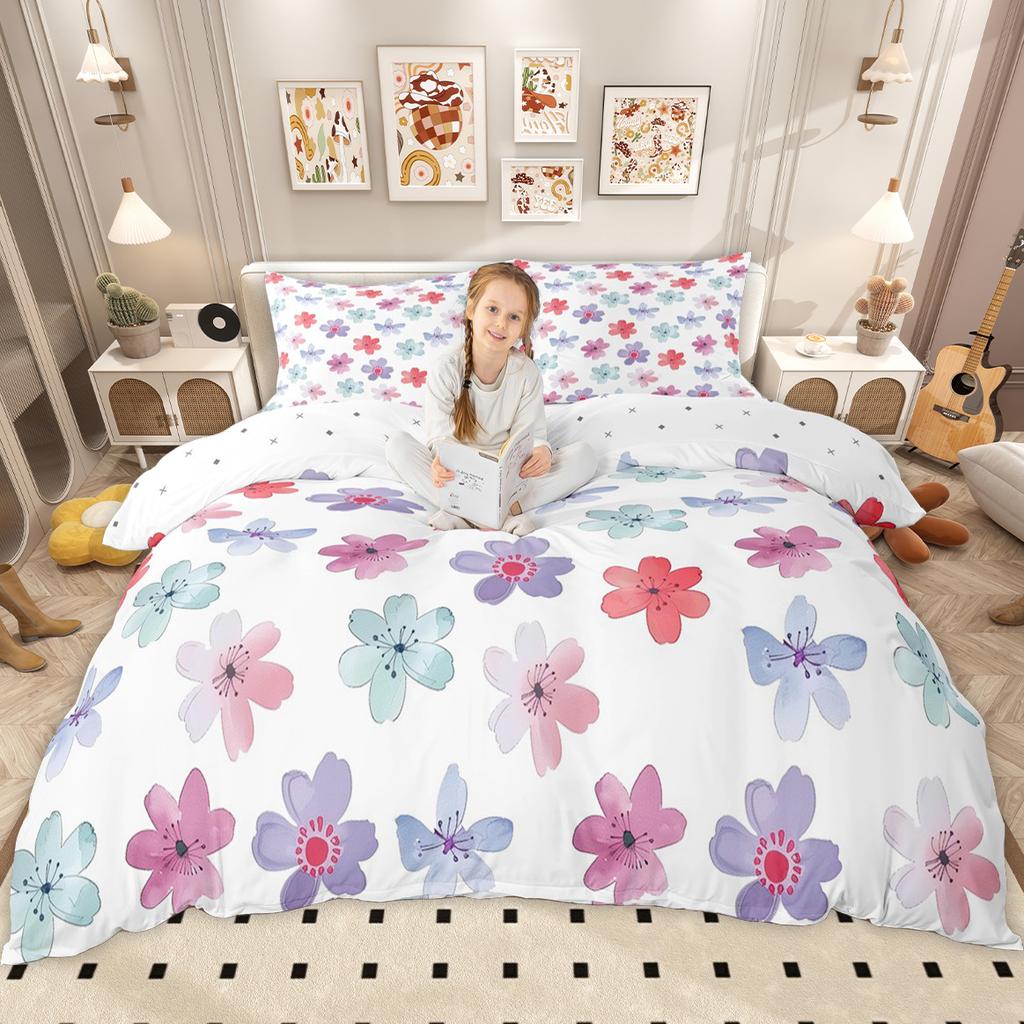 Homewish Cute Groovy Floral Duvet Cover Set for Girls, Vintage Butterfly Flower Bedding Set, Cartoon Blossom Comforter Cover Set