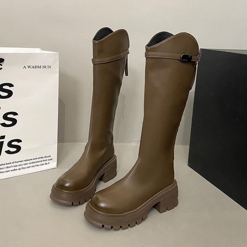 

2025 autumn and winter new thick-soled high boots women s black brown belt buckle knight boots fashionable height-increasing boots 40 коричневый