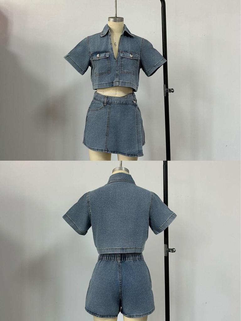 European-American Style Workwear Denim Set: V-Neck Short-Sleeve Top and Skirt-Pants for Summer Hot Girl Look