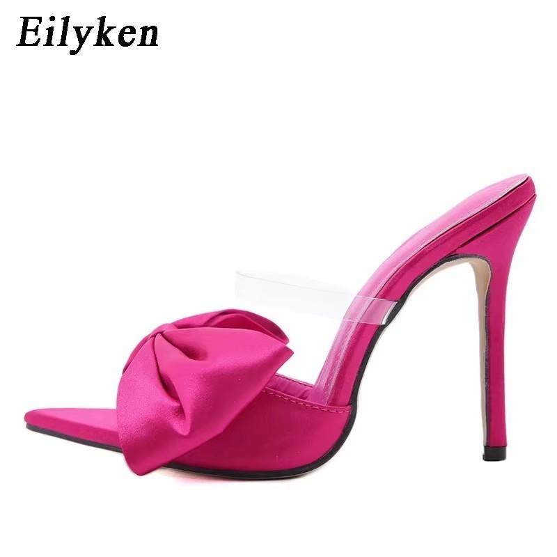 Fashion Eilyken Silk Butterfly-knot Slippers Women Sandals Pointed toe High Heels Mule Slides Party Shoes Zapatillas De Mujer