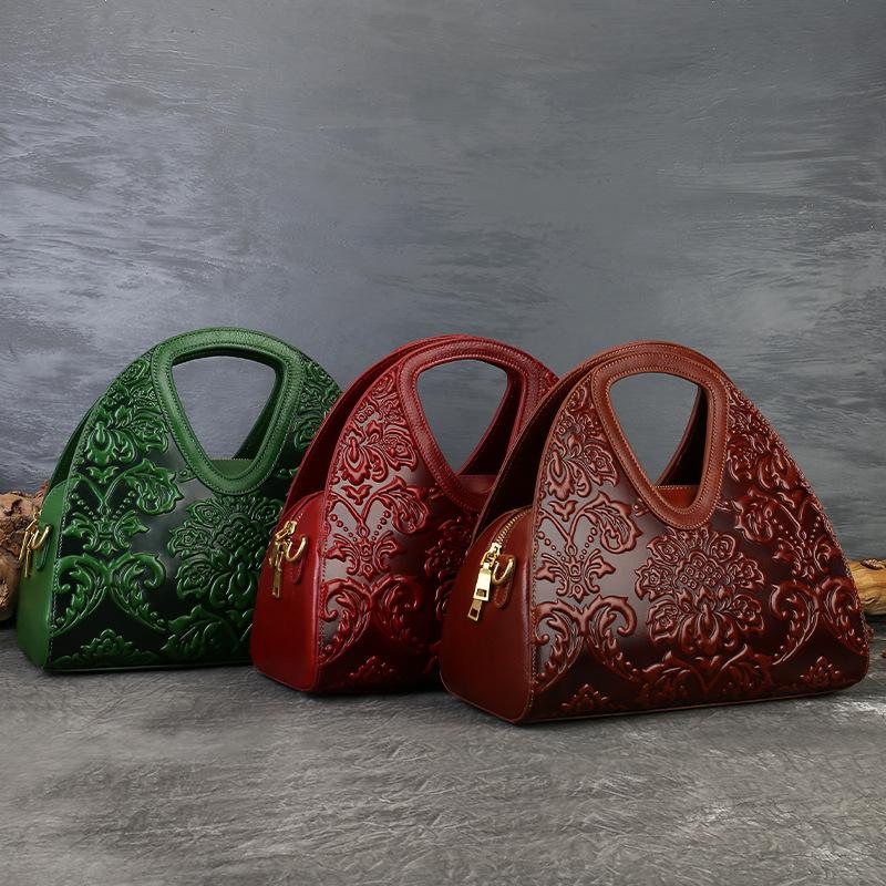 High-end, Light Luxury, Retro Ethnic Style Handbag, Genuine Leather Bag for Middle-aged Mothers, Single-shoulder Crossbody Bag