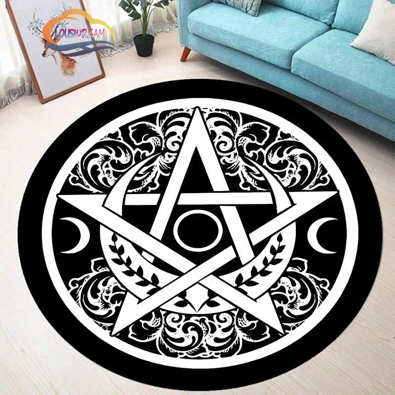 Pentagram Carpet Moon Satanic Round Rug Skull &  , Wicca  White  On Black  Goth Home Decor Chair Mats