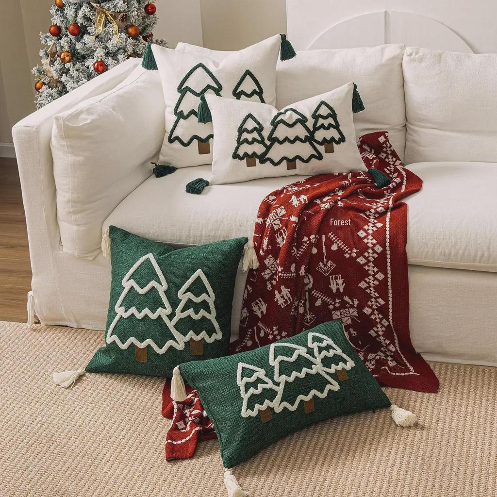 Cross-Border Christmas Tree Embroidered Canvas Pillowcases with Tassels for Sofa Decoration