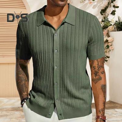 Summer Men Shirt Lapel Single-breasted Solid Color Thin Soft Short Sleeves Breathable Cardigan Hollow Out Knitted Mid Length Vacation Beach Top