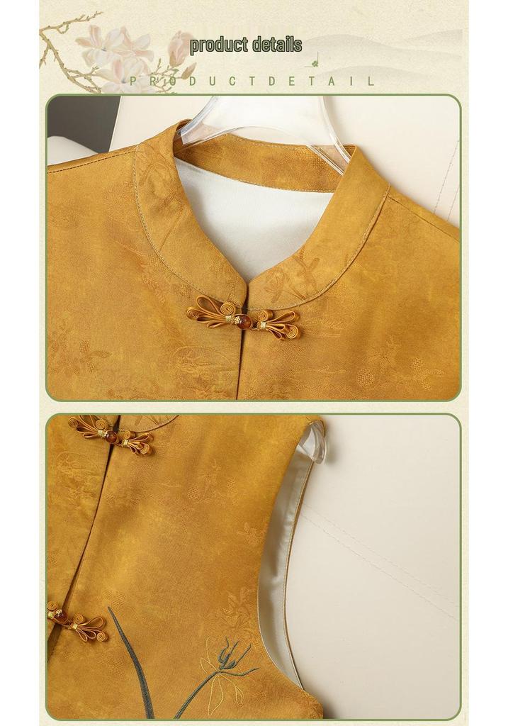Chinese Style Embroidered Floral Vest for Women - Middle-Aged and Elderly Frog Button Stand Collar Sleeveless Jacket 2026 Style