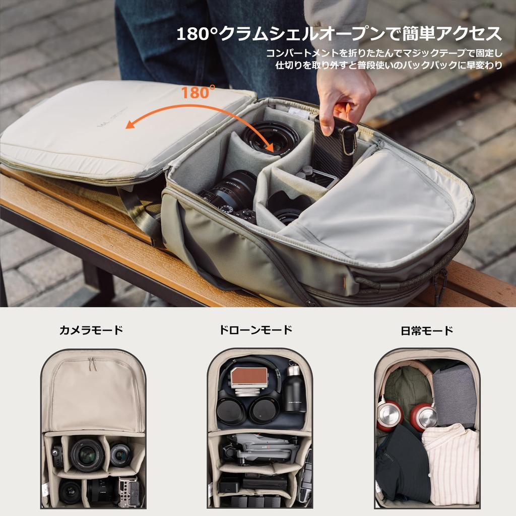 OneGo Lite Camera Backpack 16L Ultralight 2 Compartments Side Access Waterproof Everyday Large Capacity Camera Bag Stylish Backpack Clamshell Open