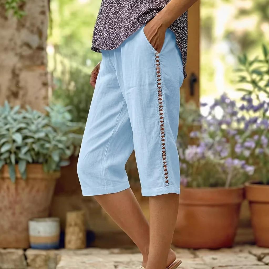 Ladies' Casual And Fashionable Side Hollow Splicing Straight Leg Five Quarter Pants