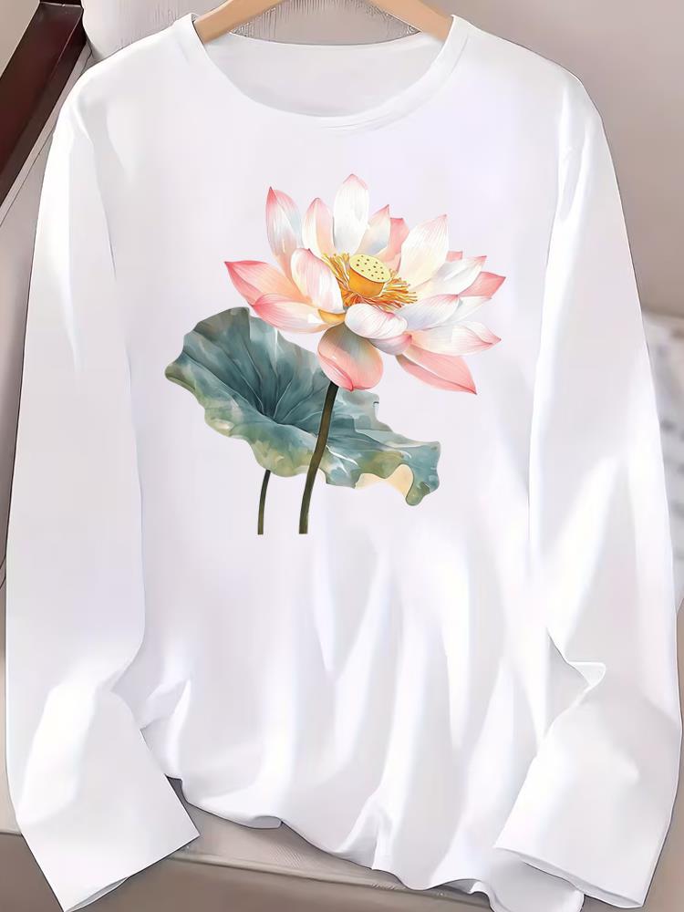 (Asian Size) Graphic Tee Casual Clothing Women O-neck Trend Flower Printed Print T Shirt Autumn Winter Spring Fashion Top Long Sleeve T-shirts