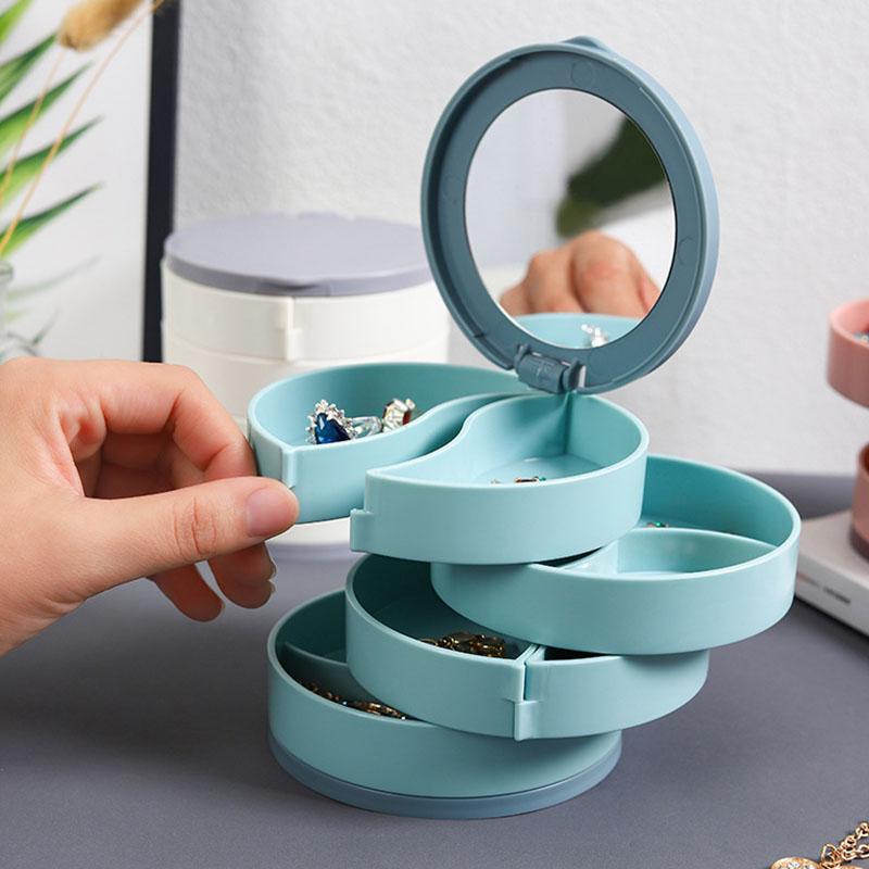 Multifunctional Rotating Jewelry Storage Box, 4 Layer Storage with Mirror Storage Box, Earrings Necklace Jewelry Dust-proof Box