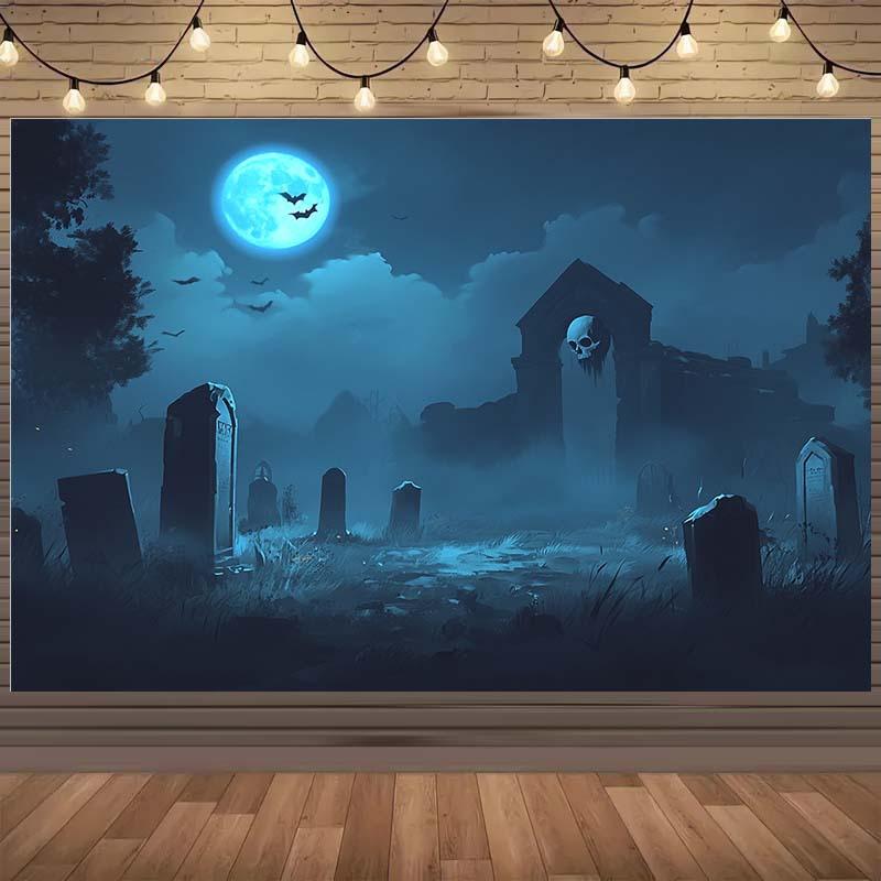 1 Halloween Gothic style cemetery background curtain with full moon and tombstone no need for electricity Halloween decoration
