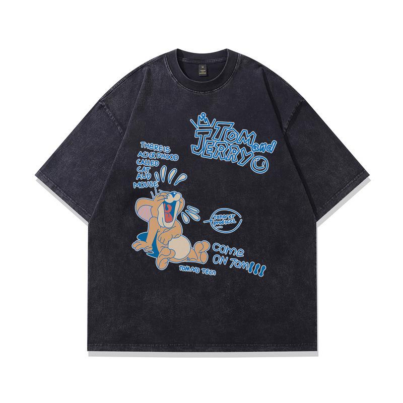 Heavy Cotton Washed Short-Sleeved T-Shirt American Retro Trendy Cartoon Printed Vintage Half-Sleeved Top
