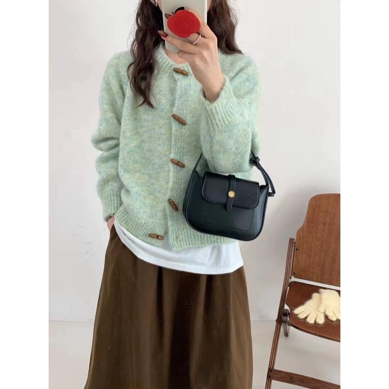 Autumn and winter new gentle wind horn buckle knitted cardigan top women's loose lazy wind sweater jacket