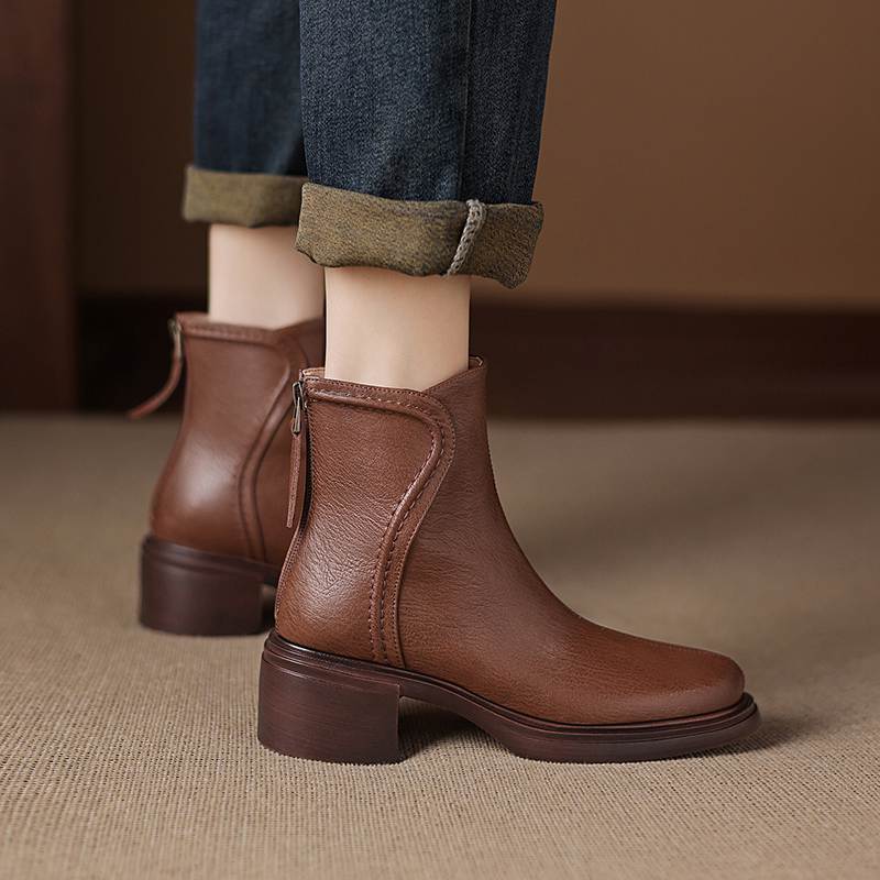 Krazing Pot Cow Skin Round Toe Thick Heels Chelsea Boots Size 42 Back Zip Women Keep Warm Ankle Boots
