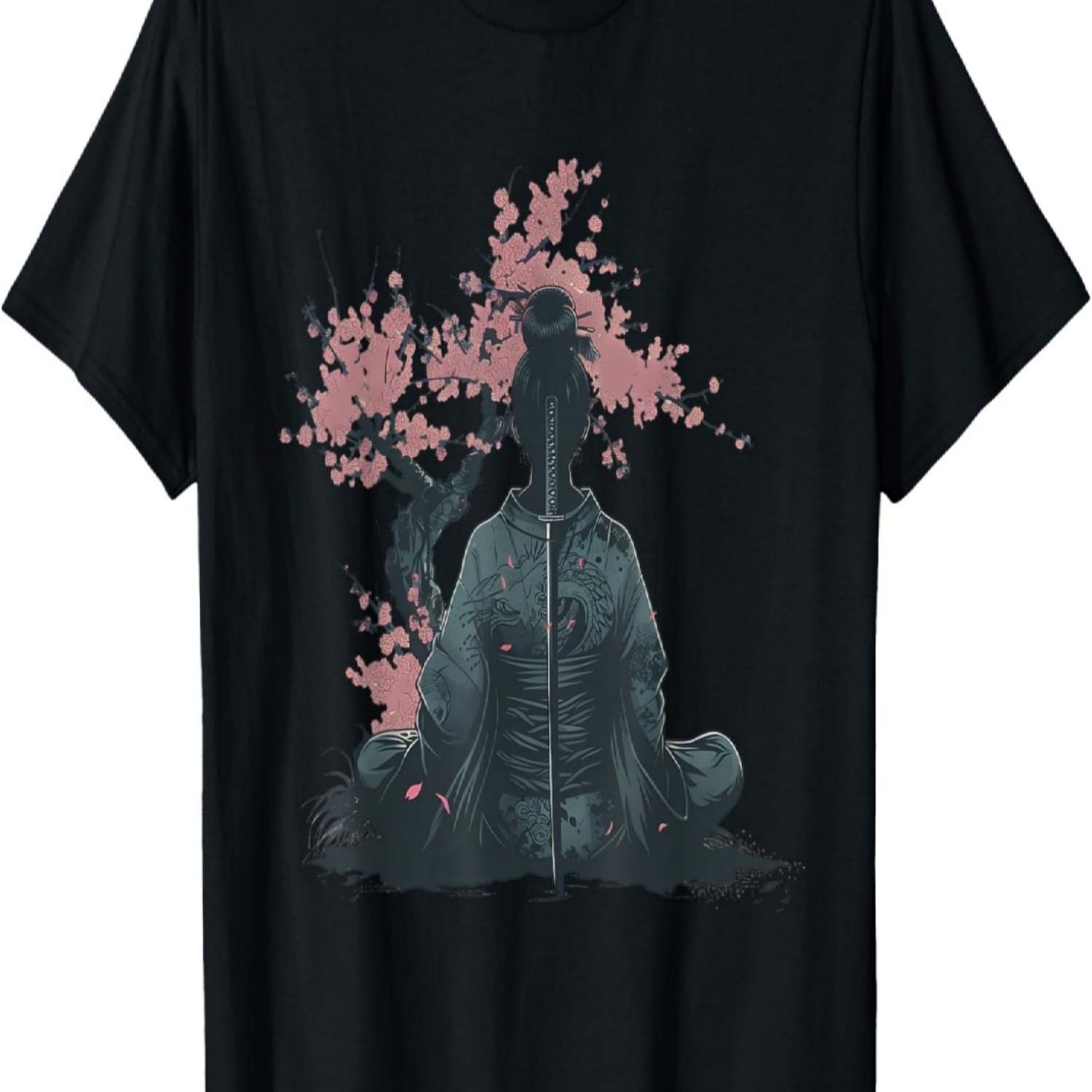 Футболка с принтом Гейша Сакура Цветок вишни Девушка-самурай S чёрный