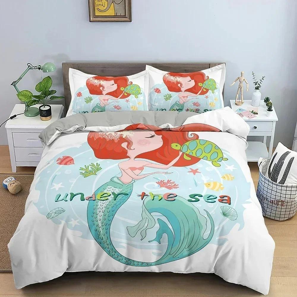 Cartoon Mermaid Pattern Duvet Cover Set Children Bedroom Decor Mermaid Bedding Set For Kids Single Twin Double Size Kids Gifts
