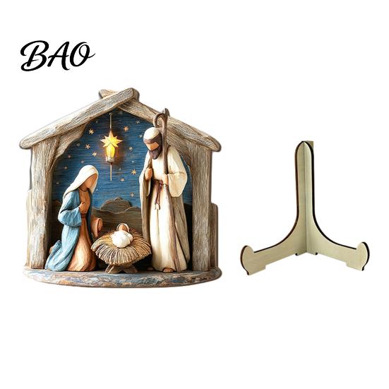 Christmas Manger Tabletop Ornaments Nativity Scene Wooden Sign, Holy Family Figurine Decor, Handcrafted Wood Figurines Religious Xmas Desktop