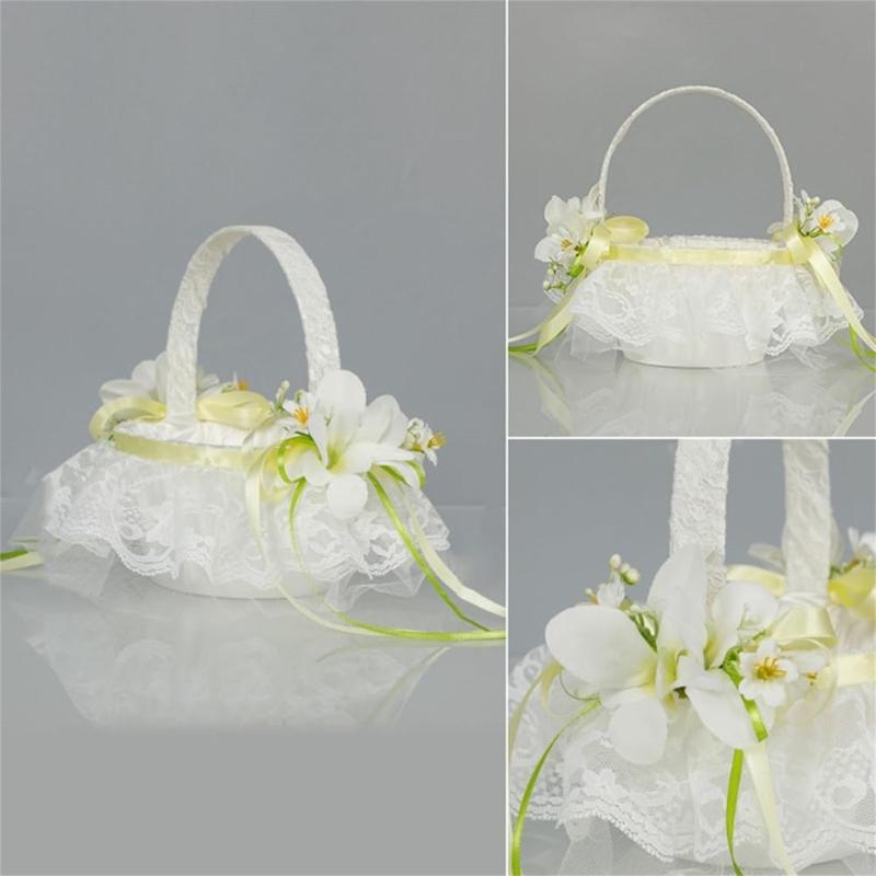 Elgant Wedding Ceremony Flower Basket Flower Girl Basket with Lace Wrapped Easy To Hold Handle Flower Basket for Bride