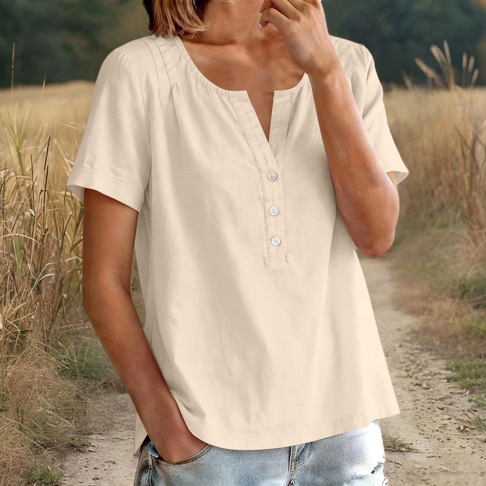 

Women s Loose-Fit -Color Casual Button-Down Cotton-Linen Short-Sleeve Shirt L бежевый