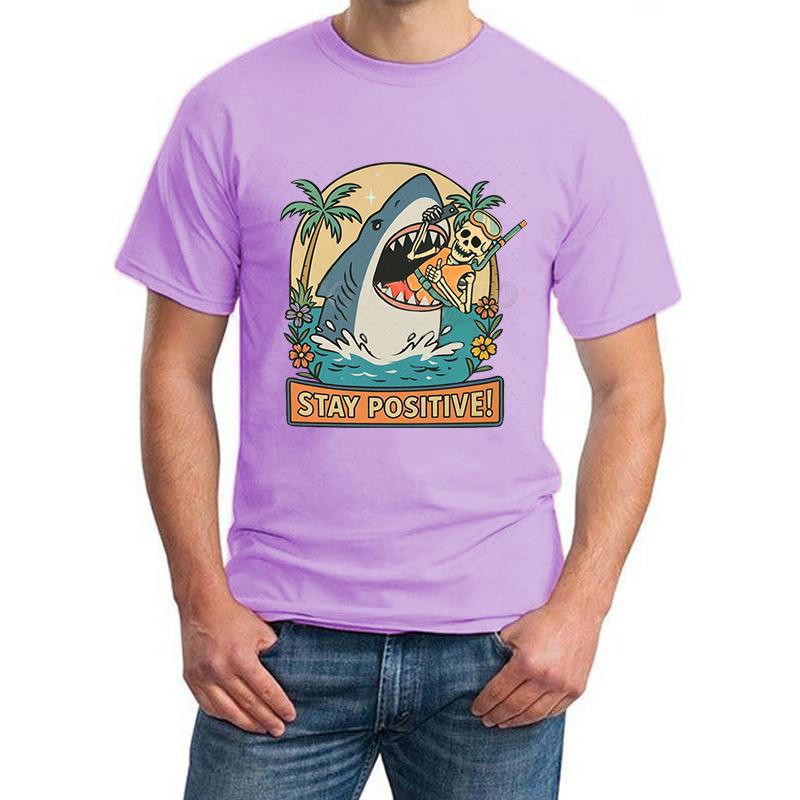 Stay Positive Shark Skeleton Funny T Shirts for Men New Design Fashion Summer Tops Positive Vibes Funny Skeleton T-shirt Women