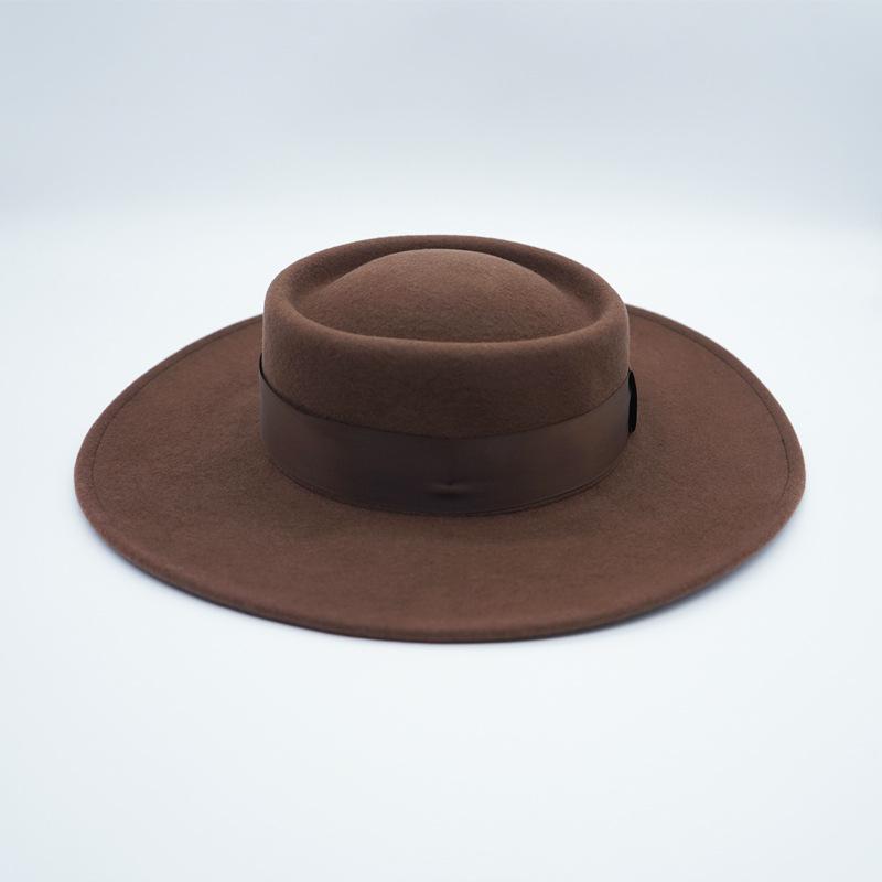 Brauner Großer Krempenbreiter Französischer Retro Woll-Panama Flacher Oberteil Zylinder Hut Damen Herbst und Winter Britischer Filz Straßenhut