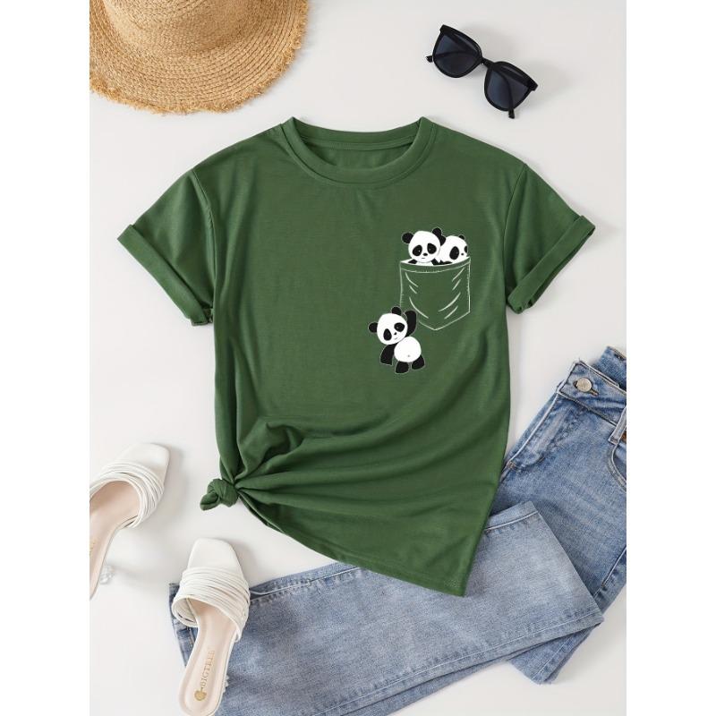 Panda printed round neck T-shirt, casual short sleeved women's clothing for spring and summer