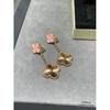 V Metal Material Natural Pink Shell Two Flowers Four Leaf Clover Earrings Four Leaf Clover Design Dynamic and Smooth Lines Easy to Wear Non Allergic