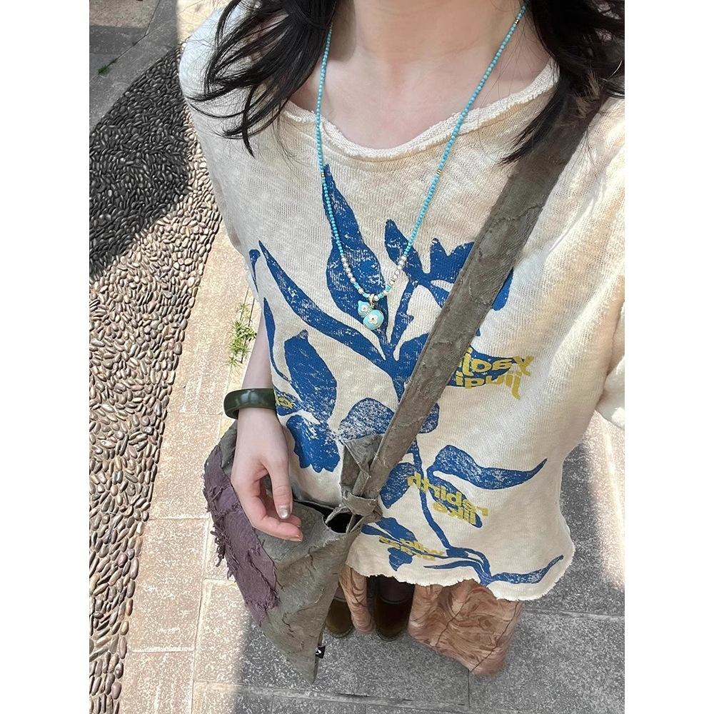 American old printed short-sleeved t-shirt women's summer new loose and thin lazy style retro heavy top