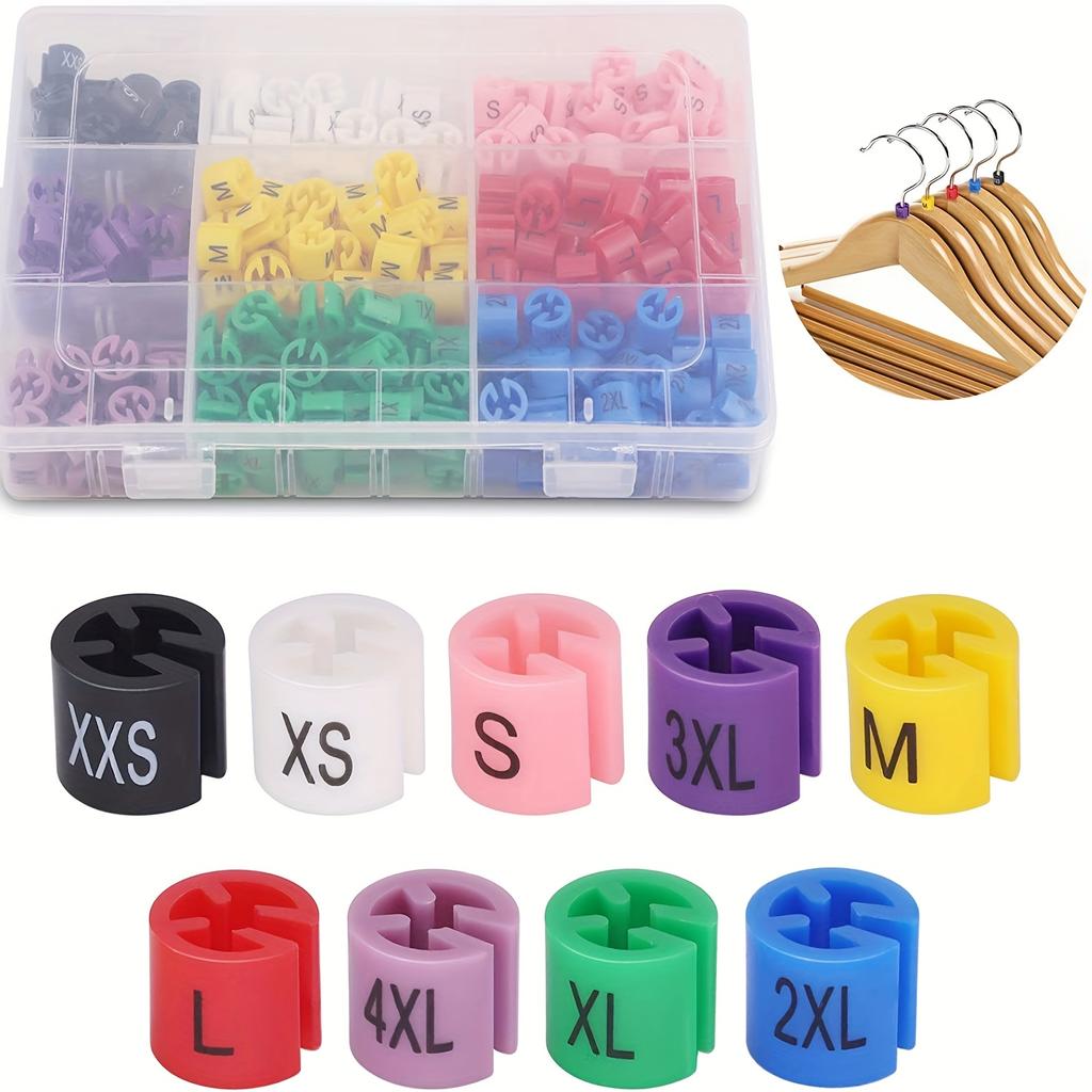 405 Pezzi/set Marcatori per Grucce di Vestiti Color-Coded 9 Misure (XXS - 4XL) Etichette di taglia in plastica per abbigliamento con scatola portaoggetti per vestiti.