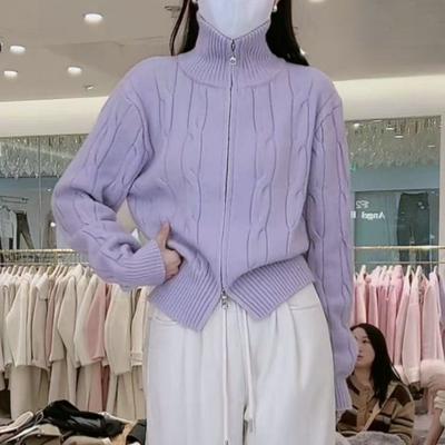 Cardigan en maille à col roulé zippé pull pour femme design hivernel ample style paresseux haut décontracté tendance