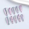 Cross-Border Shimmer Silver Gradient Aurora Blush Nail Stickers - 30 Pieces, Long Pointed, 3D Light Luxury Design.
