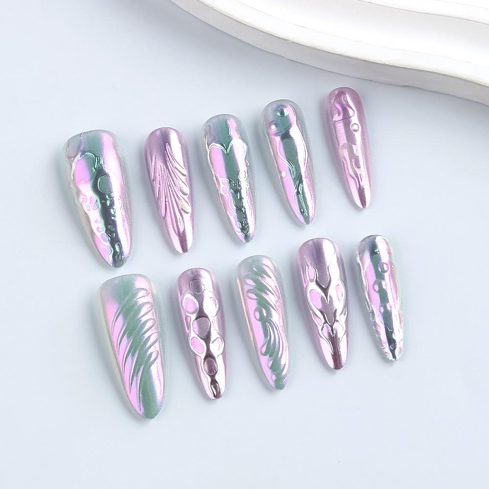 Cross-Border Shimmer Silver Gradient Aurora Blush Nail Stickers - 30 Pieces, Long Pointed, 3D Light Luxury Design.