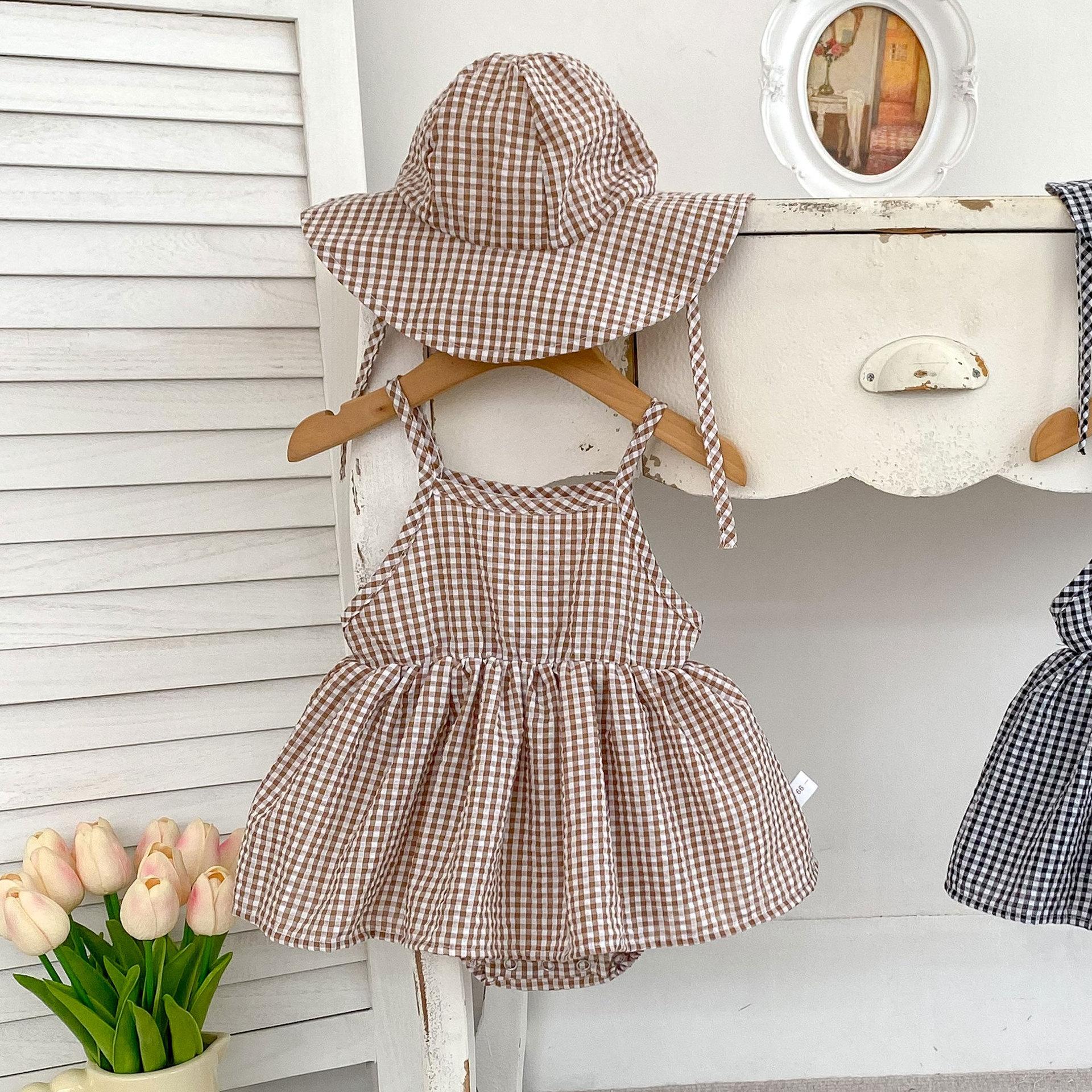 Baby Girl Sleeveless Plaid Romper with Hat Summer Outing Dress 66