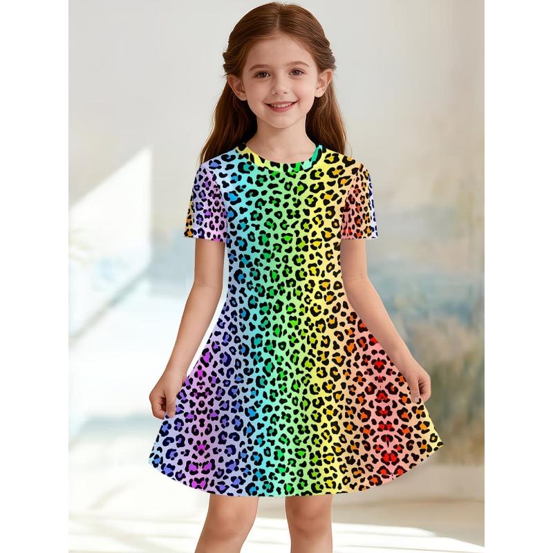 Leopard Print Summer Girls Dress Short Sleeves All Printed Frocks Cute A-Line Princess Dress for Young Girls
