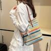 Bohemian Style Rainbow Woven Handbag with Flower Pendant Summer Bucket Bag  Shopping